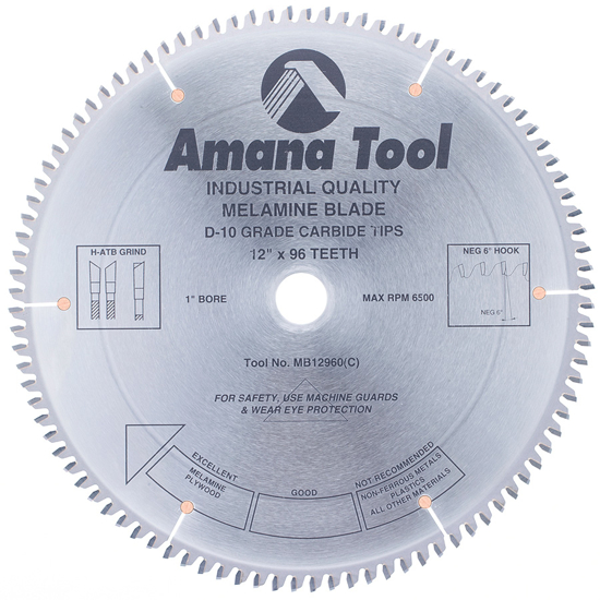 Picture of MB12960 Carbide Tipped Double-Face Melamine 12 Inch Dia x 96T H-ATB, -6 Deg, 1 Inch Bore